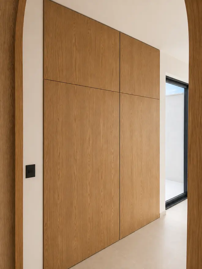 Vestidor en madera clara con tragaluz